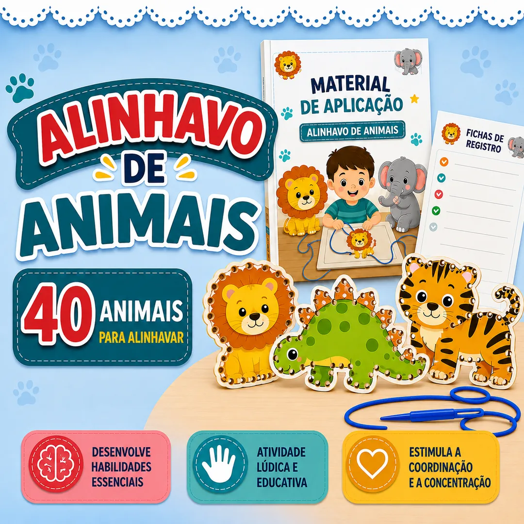 Kit Alinhavo de Animais: 40 figuras para enfiar o cordão, agulha de ponta romba, material de aplicação e fichas complementares