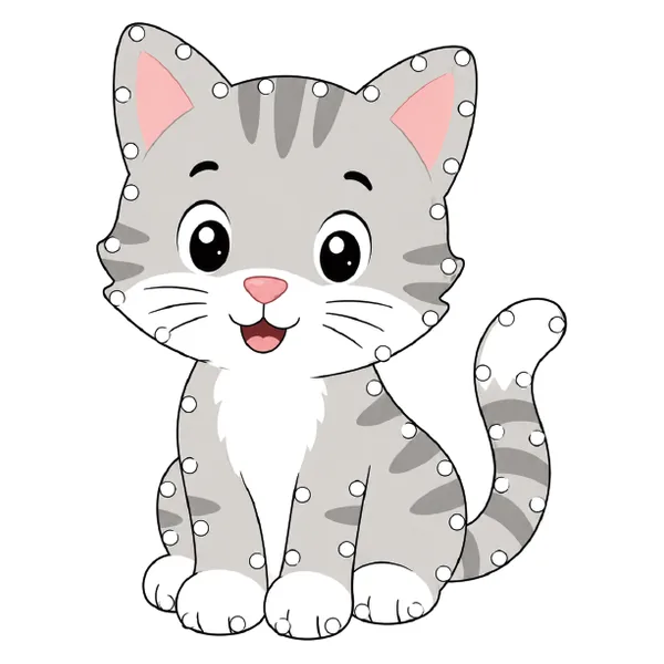 Figura de gato para enfiar o cordão, com furos marcados no contorno